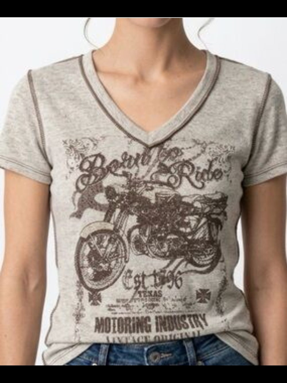 Vocal " Born To Ride" Moto Short Sleeve V-Neck Tee with Brown Motorcycle Graphic